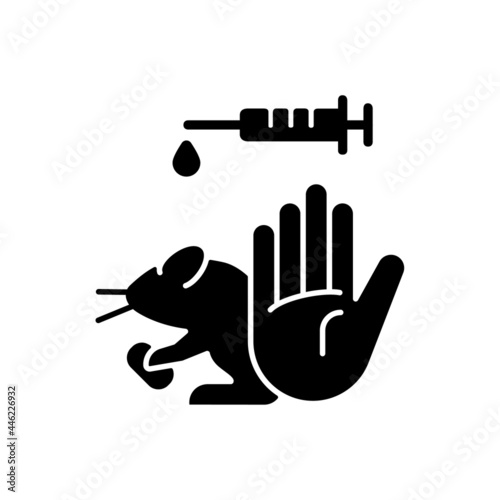 No hamster testing black glyph icon. Refusal for animal abuse in lab research. Protecting mice from experiment. Prevent animal cruelty. Silhouette symbol on white space. Vector isolated illustration