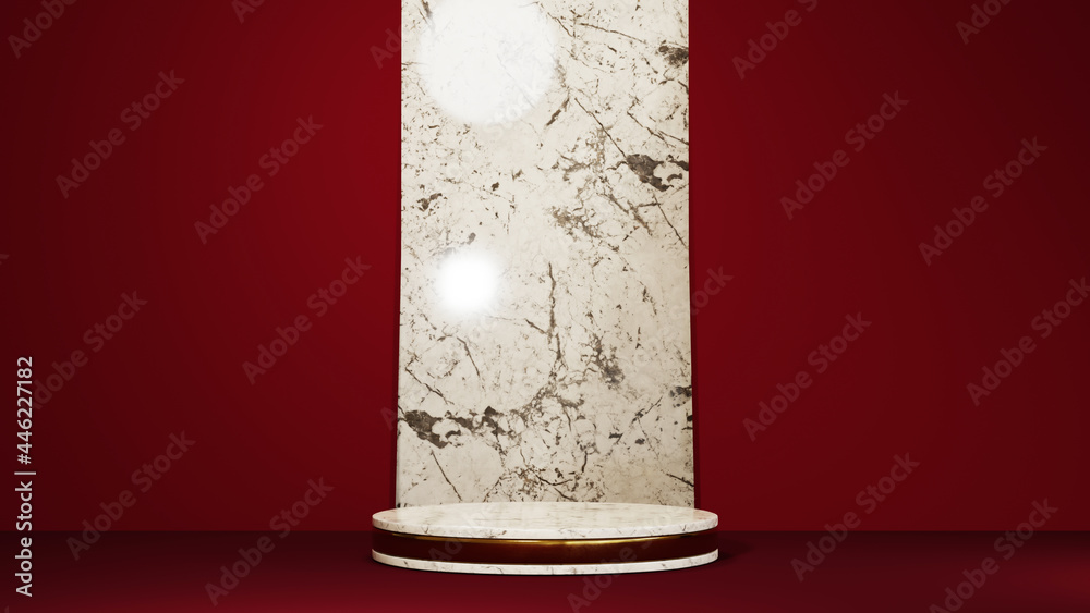 3D rendering of gold pattern marble podium and the red scene interspersed with marble background. Mockup for show product. 3D rendering of gold pattern marble podium and the red scene interspersed with marble background. Mockup for show product.