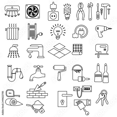 Ensemble de pictogrammes de divers objets pour la réparation ou la construction de la maison : électricité, plomberie, serrurerie, chauffage, peinture, etc.
