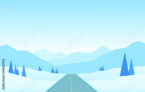 Vector illustration: Winter snowy flat cartoon mountains landscape with road, hills and pines. Christmas background.
