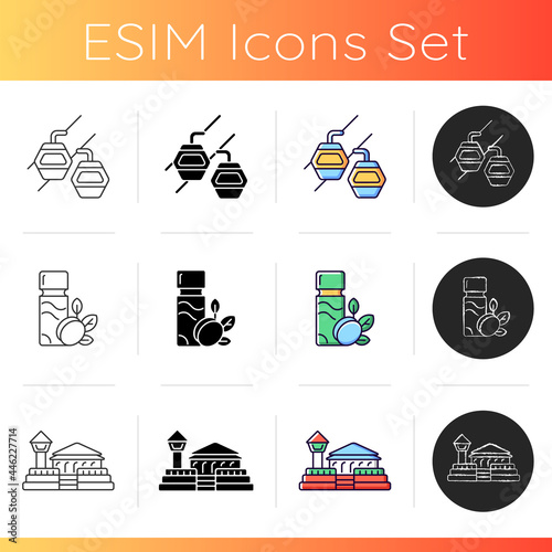 Taiwan entertainment icons set. Plum wine drink. Maokong gondola. Asian recreation. Oriental architecture. Fort Zeelandia. Linear, black and RGB color styles. Isolated vector illustrations