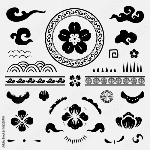 Black Chinese traditional flowers vector temporary tattoos set