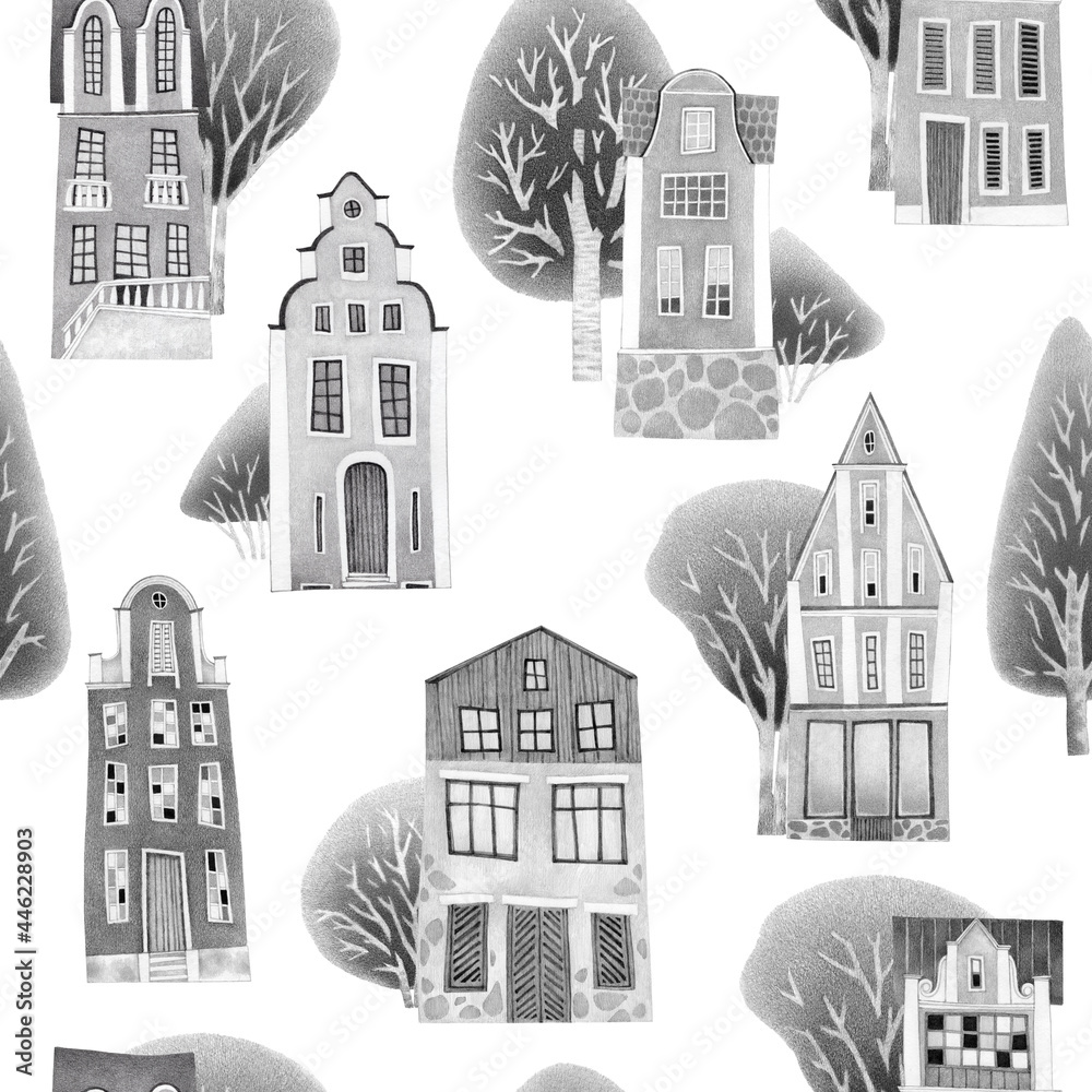 Seamless pattern of old buildings trees and bushes drawn in pencil