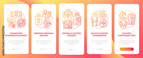 Work-based learning benefits onboarding mobile app page screen. Personal instructor walkthrough 5 steps graphic instructions with concepts. UI, UX, GUI vector template with linear color illustrations