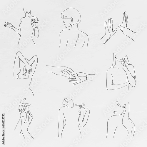 Aesthetic woman&rsquo;s body vector line art minimal grayscale drawings set