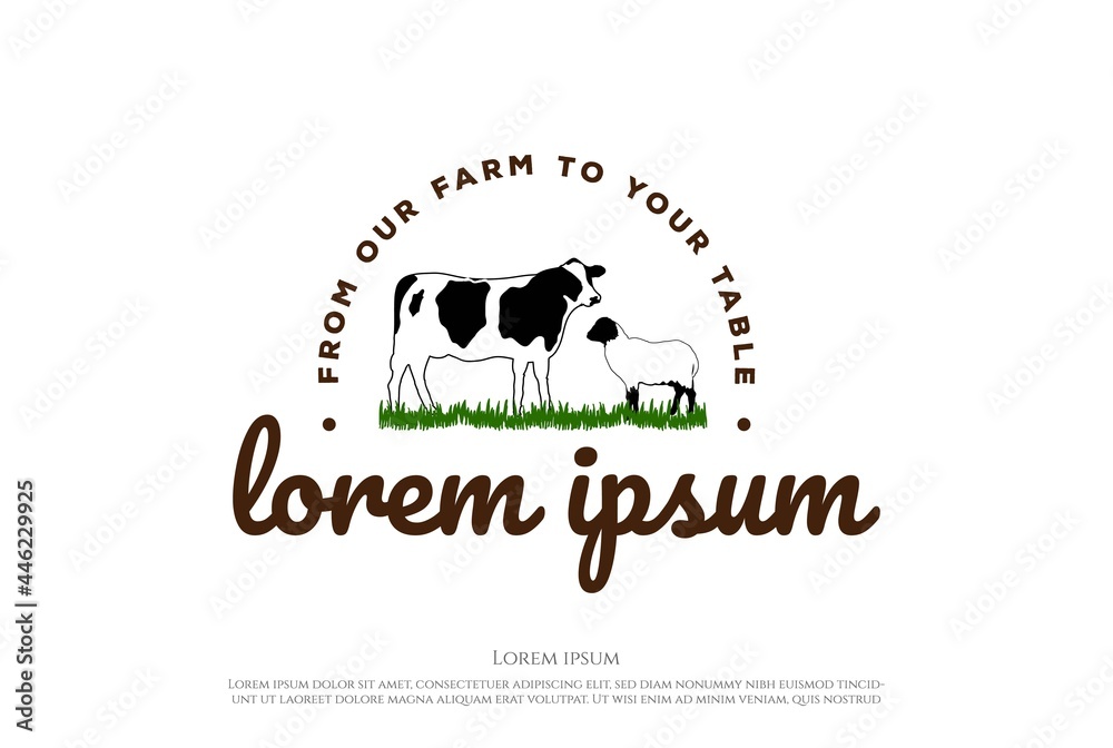 Vintage Angus Cow Bull with Sheep Lamb Goat for Cattle Livestock Farm Logo Design Vector