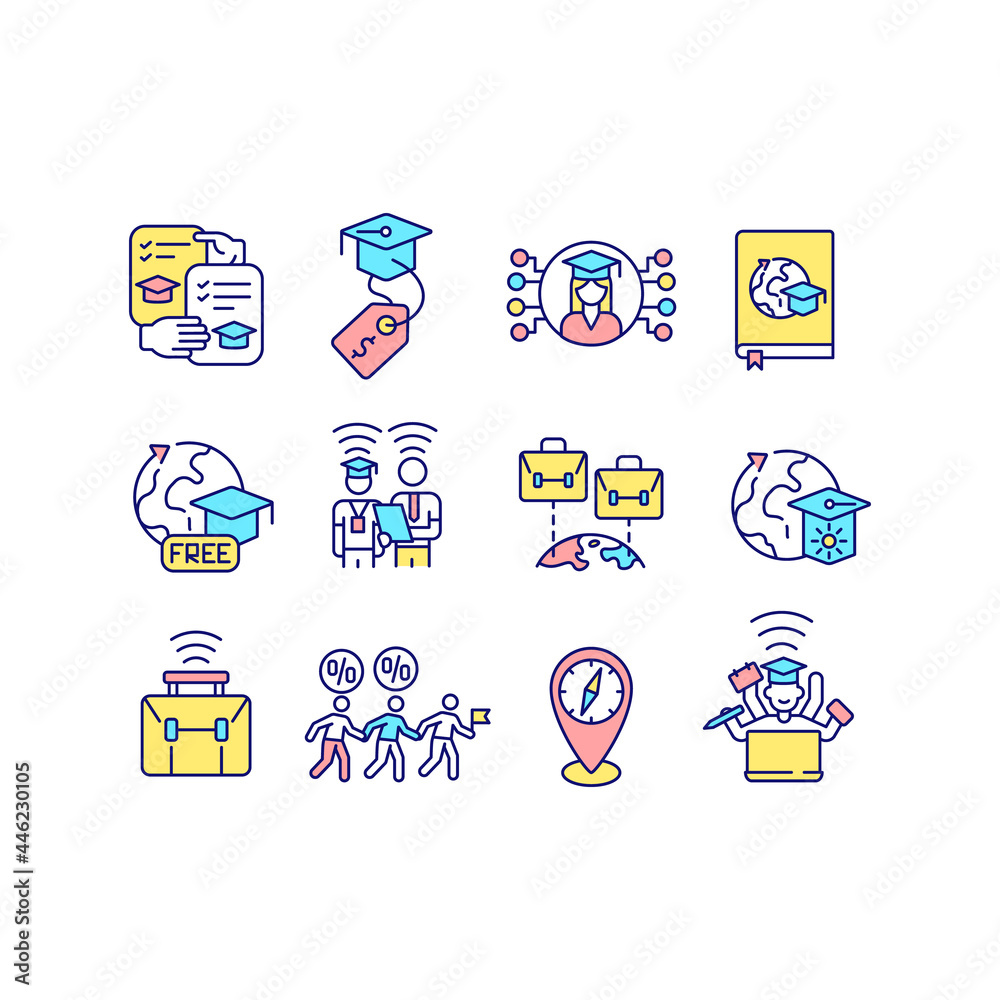 Virtual international internship RGB color icons set. Remote learning. Studying abroad. Isolated vector illustrations. Providing guidance for intern student simple filled line drawings collection