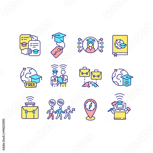 Virtual international internship RGB color icons set. Remote learning. Studying abroad. Isolated vector illustrations. Providing guidance for intern student simple filled line drawings collection
