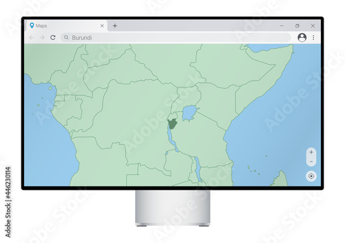 Computer monitor with map of Burundi in browser, search for the country of Burundi on the web mapping program.
