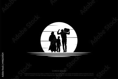 Sunset Sunrise with Evacuee for World Refugee Day Logo Design Vector