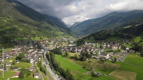 Aerial footage of the village of the Chable and the valley of Bagnes, Switzerland.  photo