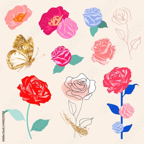 Colorful roses floral sticker vector set