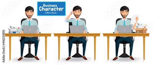 Business man sitting vector set. Businessman characters in office workplace with happy, angry and serious expressions for male boss cartoon collection design. Vector illustration 