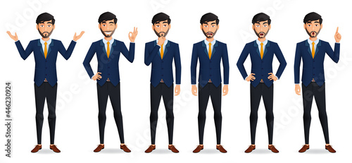 Businessman boss character vector set. Business man male characters in standing pose with serious, angry and thinking facial expressions for manager employee collection design. Vector illustration
