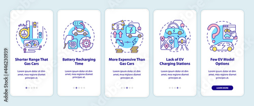 Electric vehicles disadvantages onboarding mobile app page screen. EV limitations walkthrough 5 steps graphic instructions with concepts. UI, UX, GUI vector template with linear color illustrations