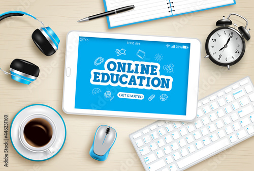 Online education vector design. Online education text in tablet device screen with school e-learning elements for internet distance learning course. Vector illustration
