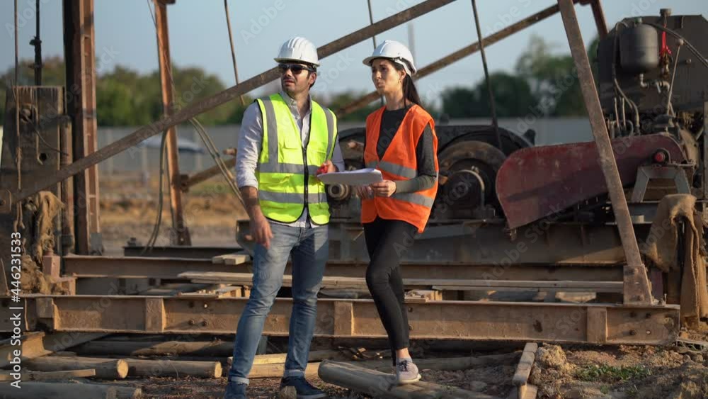 architect man and foreman women discuss with plan in paper work on construction site at village . contractor worker Inspection with builder . Engineer training Quality control in Residence industry architect man and foreman women discuss with plan in paper work on construction site at village . contractor worker Inspection with builder . Engineer training Quality control in Residence industry