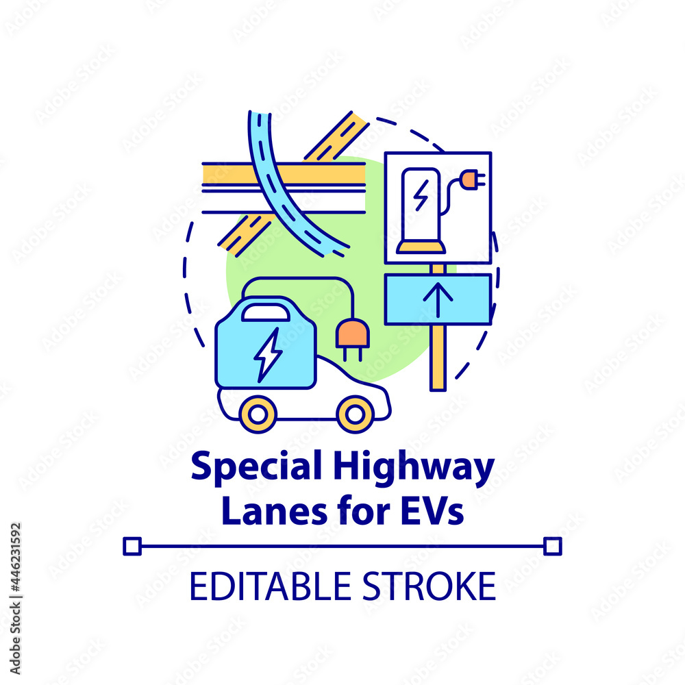 Electric vehicles special highway lanes concept icon. EV integral part life quality abstract idea thin line illustration. Helping facilities. Vector isolated outline color drawing. Editable stroke