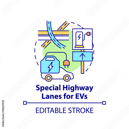 Electric vehicles special highway lanes concept icon. EV integral part life quality abstract idea thin line illustration. Helping facilities. Vector isolated outline color drawing. Editable stroke