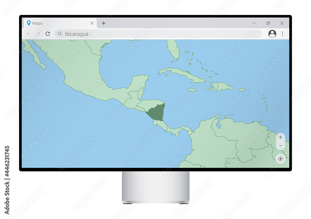 Computer monitor with map of Nicaragua in browser, search for the country of Nicaragua on the web mapping program. Computer monitor with map of Nicaragua in browser, search for the country of Nicaragua on the web mapping program.