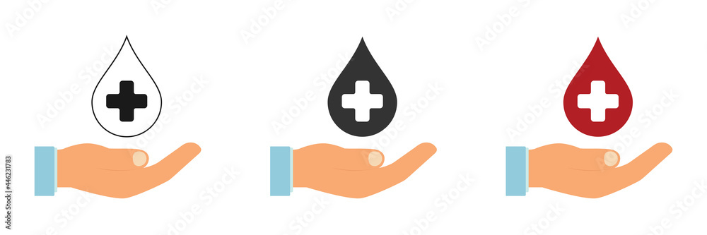 Blood drop icons set. Cross and donation. Blood drop icons set. Cross and donation.