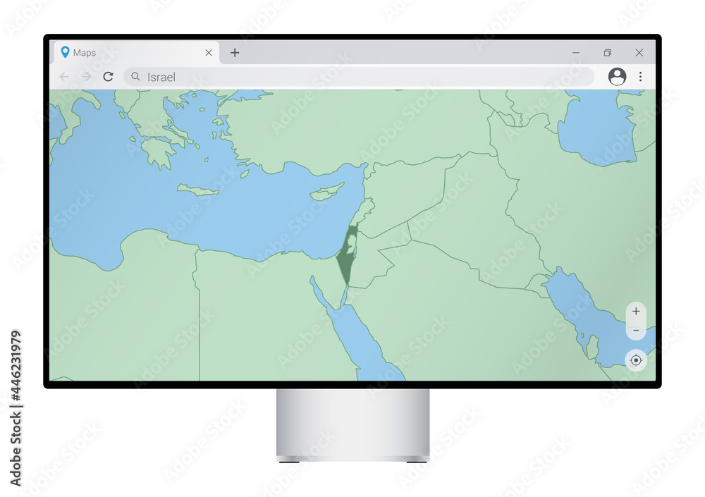 Computer monitor with map of Israel in browser, search for the country of Israel on the web mapping program. Computer monitor with map of Israel in browser, search for the country of Israel on the web mapping program.