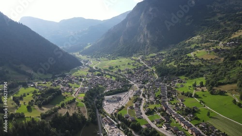 Aerial footage of the village of the Chable and the valley of Bagnes, Switzerland.  photo