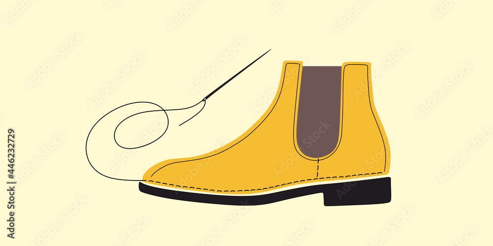 
Shoe, footwear sewing and repair. Tailored handmade bespoke shoe, footwear. Bootmaker, shoemaker, cobbler tools.Сustom shoe atelier, workshop.DIY shoemaking.Colorful isolated flat vector illustration