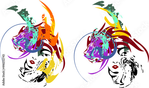 Colored girl face on white - two options. Long colorful hair fashion with form of a lion  for styling, fashion trends, logos, prints on T-shirts, spa, textiles, etc. Two female faces on white