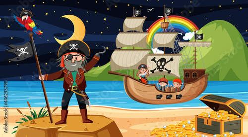 Beach with Pirate ship at night scene in cartoon style