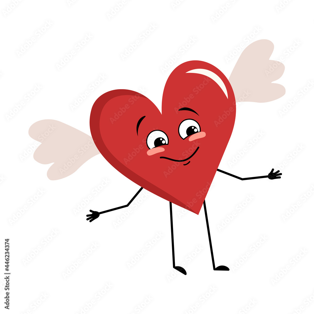 Cute character red heart with wings and joyful emotions, smile face, happy eyes, arms and legs. Festive decoration for valentine day Cute character red heart with wings and joyful emotions, smile face, happy eyes, arms and legs. Festive decoration for valentine day