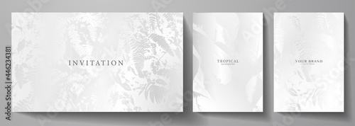 Exotic white invitation, cover design set. Floral background with silver tropical pattern of leaf (jungle). Premium horizontal and vertical vector template for gift card, banner, wedding menu, voucher