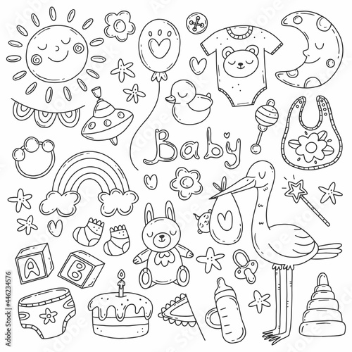 Black and white set with elements on the theme of the birth of a child in a simple cute doodle style. Vector childrens illustration isolated on background.