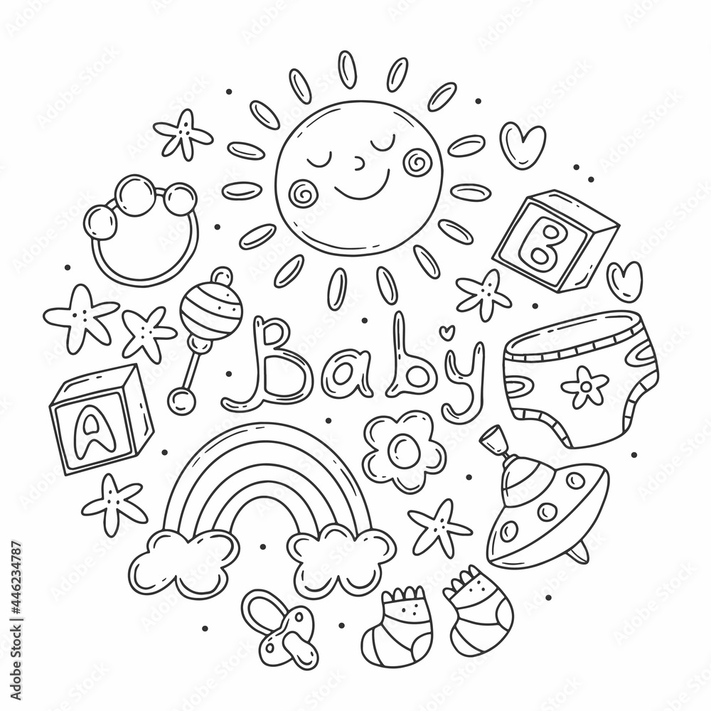 Black and white set with elements on the theme of the birth of a child in a simple cute doodle style in the form of a circle. Vector baby illustration isolated on background.