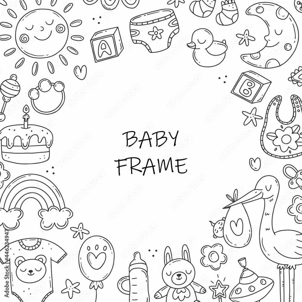 Round frame with black and white elements on the theme of the birth of a child in a simple cute doodle style. Vector baby illustration isolated on background.