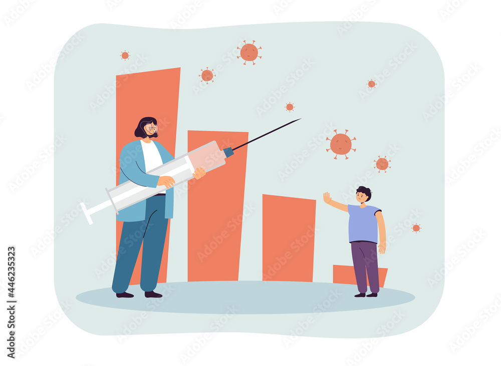 Tiny female doctor holding huge syringe with vaccine. Boy putting his hand in front of him to protest coronavirus vaccination flat vector illustration. Covid, pandemic, prevention concept Tiny female doctor holding huge syringe with vaccine. Boy putting his hand in front of him to protest coronavirus vaccination flat vector illustration. Covid, pandemic, prevention concept