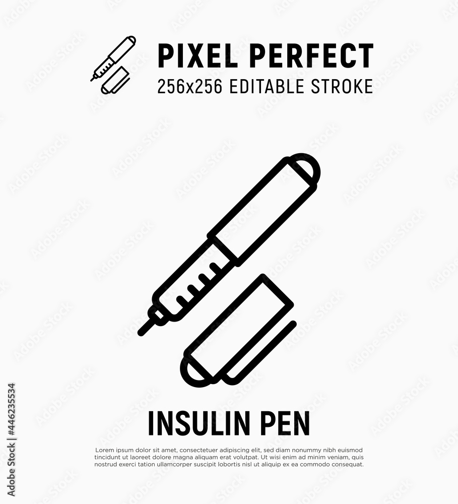 Insulin pen thin line icon. Portable diabetes treatment. Medical equipment. Pixel perfect, editable stroke. Vector illustration. Insulin pen thin line icon. Portable diabetes treatment. Medical equipment. Pixel perfect, editable stroke. Vector illustration.