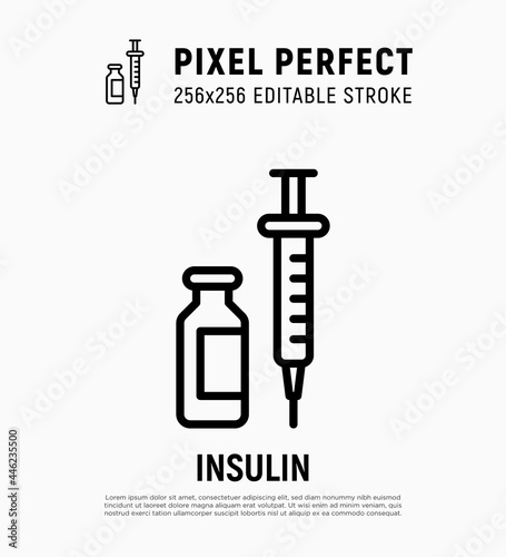 Insulin: ampoule and syringe. Thin line icon. Medical treatment for diabetes. Pixel perfect, editable stroke. Vector illustration.