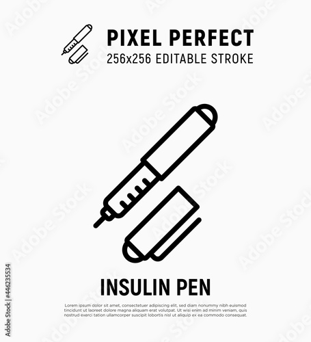 Insulin pen thin line icon. Portable diabetes treatment. Medical equipment. Pixel perfect, editable stroke. Vector illustration.
