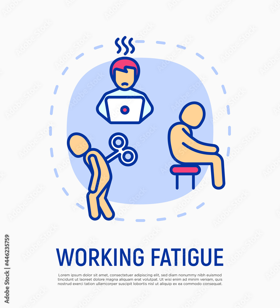 Burnout concept with thin line icons, working fatigue, overworked man. Professional crisis, low activity. Vector illustration. Burnout concept with thin line icons, working fatigue, overworked man. Professional crisis, low activity. Vector illustration.