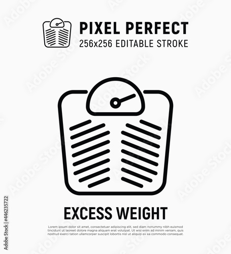 Excess weight on scales. Obesity thin line icon. Pixel perfect, editable stroke. Vector illustration.