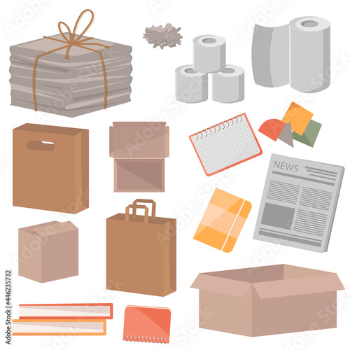Collection of waste paper on a white background. Newspapers, boxes, notebooks, books and other rubbish. Recycled paper products. Recyclable paper trash vector illustration