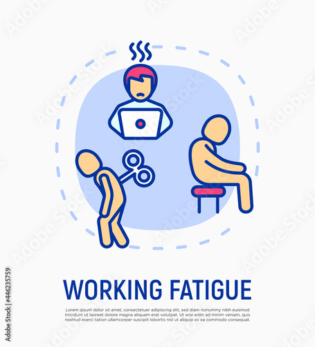 Burnout concept with thin line icons, working fatigue, overworked man. Professional crisis, low activity. Vector illustration.