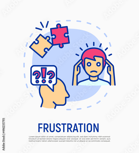 Frustration, emotional burnout concept with thin line icons, neurosis, exhausted, headache. Depression, professional crisis, low activity. Vector illustration.