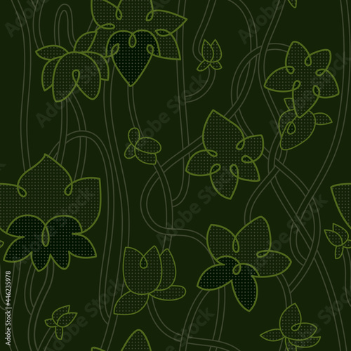 Leaves and branches of hops on a dark background. Seamless pattern with small dots and thin lines for dense fabric of monochrome colour.