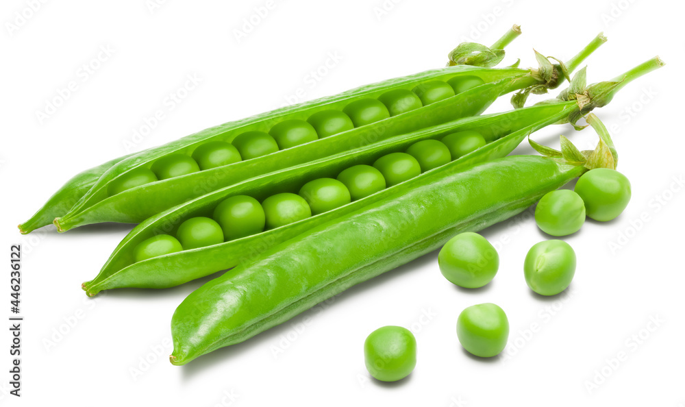 Fresh green pea pods with green peas isolated on white background. clipping path Fresh green pea pods with green peas isolated on white background. clipping path