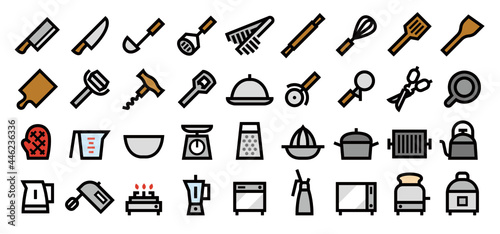 Kitchen Utensils and Tool Icon Set (Bold outline Color version)