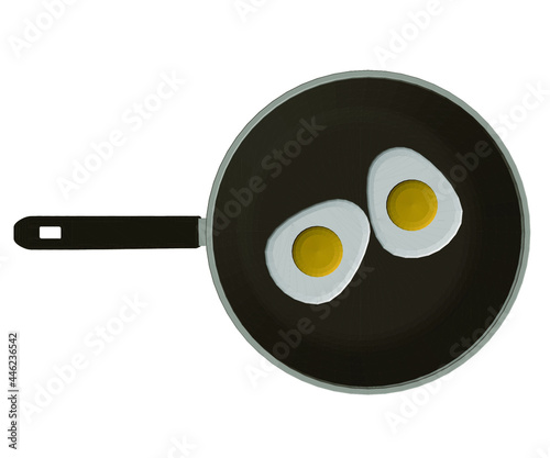 Realistic frying pan with fried eggs. View from above. 3D. Vector illustration