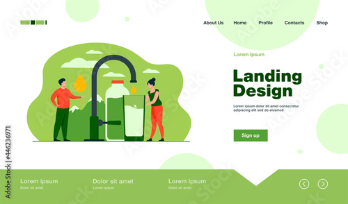 Pure fresh water concept. Tiny woman pouring clean water from faucet with mountain landscape in background. Vector illustration for natural drink, healthy environment concept