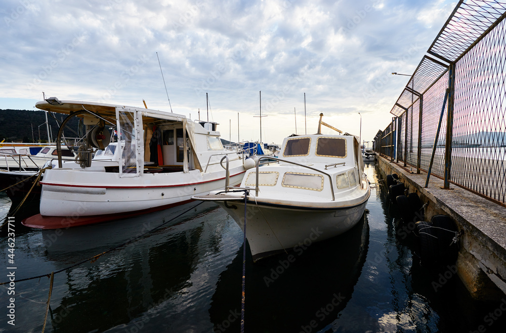 Fototapeta premium Marina harbour with beautiful white yachts in Split, Croatia.